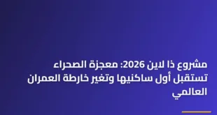 صورة بانورامية تظهر اكتمال الواجهات الخارجية في مشروع ذا لاين لعام 2026 وسط الطبيعة الصحراوية